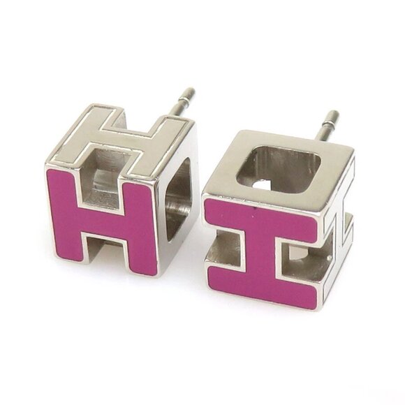 HERMES H Cube Pierce Earrings Silver/Magenta Metal/Enamel - Picture 4 of 10